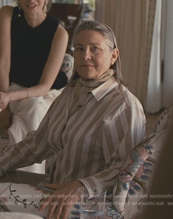 Nan's beige striped blouse on Succession