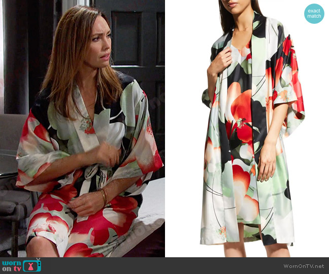 Natori Exotic Poppy Floral-Print Satin Robe worn by Gwen Rizczech (Emily O'Brien) on Days of our Lives