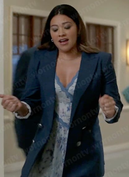 Nell's blue plaid blazer with silver buttons on Not Dead Yet