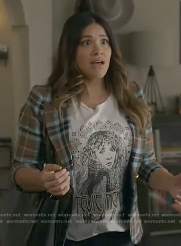 Nell’s Stevie Nicks t-shirt and plaid blazer on Not Dead Yet