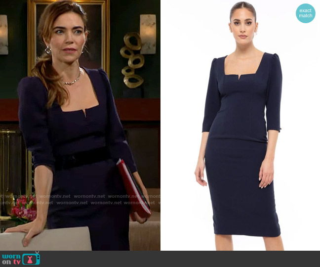 Nissa Fitted Midi Navy-Blue Dress worn by Victoria Newman (Amelia Heinle) on The Young and the Restless