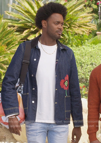 Noah's floral embroidered denim jacket on Grand Crew