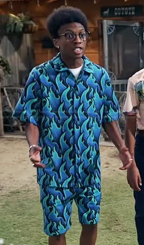 Noah's blue flame print shirt and shorts on Bunkd