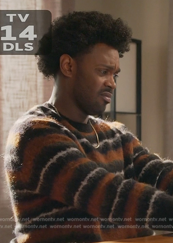 Noah’s striped fuzzy sweater on Grand Crew