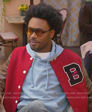 Noah's red B varsity jacket on Grand Crew