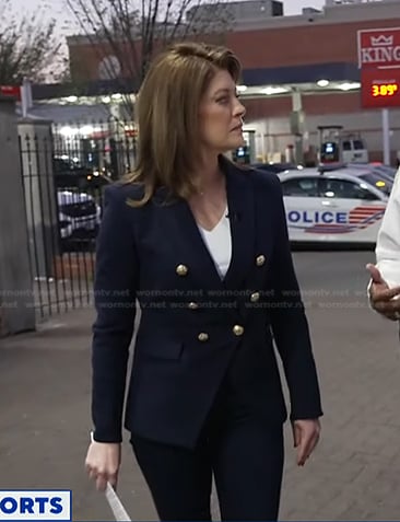 Norah's navy double blazer with gold buttons on CBS Evening News