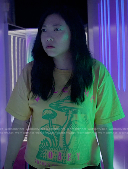 Nora's OBEY mushrooms graphic tee on Awkwafina is Nora From Queens