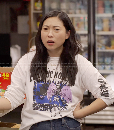 Nora's skeleton graphic sweatshirt on Awkwafina is Nora From Queens