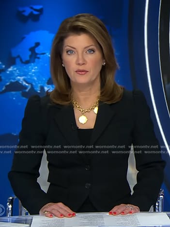 Norah’s black puff sleeve blazer on CBS Evening News