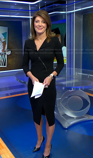 Norah’s black zip front sheath dress on CBS Evening News