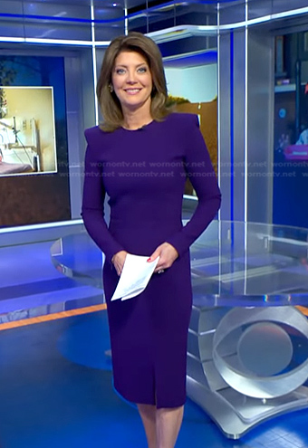 Norah’s purple slit dress on CBS Evening News