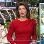 Norah’s red gathered shoulder dress on CBS Evening News