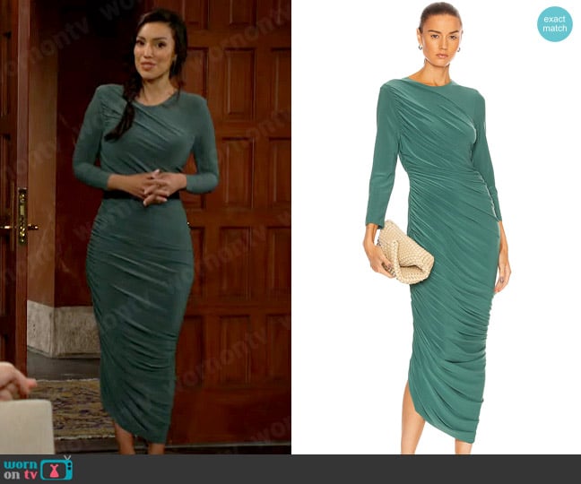 Norma Kamali Long Sleeve Diana Gown in Mountain Green worn by Audra Charles (Zuleyka Silver) on The Young and the Restless