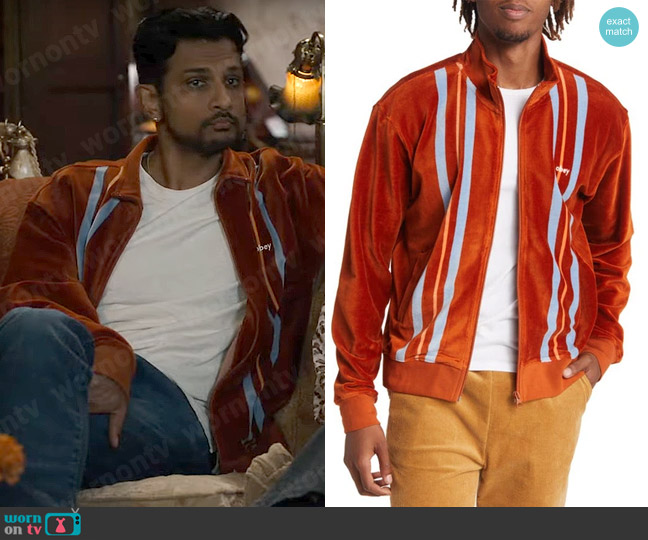 Obey Provencal Stripe Velour Zip-up Jacket In Bombay Bro worn by Jay (Utkarsh Ambudkar) on Ghosts