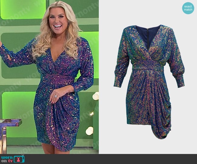 One33 Social Draped Deep V-Neck Sequin Mini Dress worn by Rachel Reynolds on The Price is Right