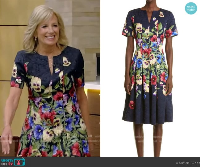 Oscar de la Renta Pansy Jacquard Fit & Flare Dress worn by Jill Biden on Live with Kelly and Mark