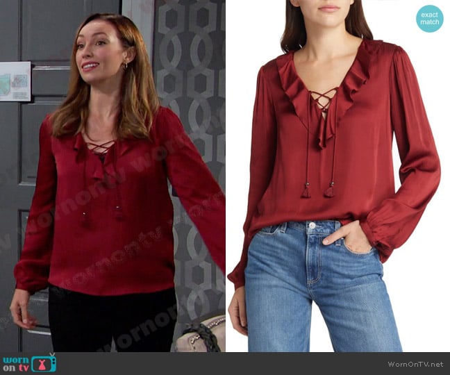 Paige Ilara Ruffle Blouse In Burgundy worn by Gwen Rizczech (Emily O'Brien) on Days of our Lives