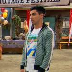 Parker’s graphic print tee and green geometric track jacket on Bunkd