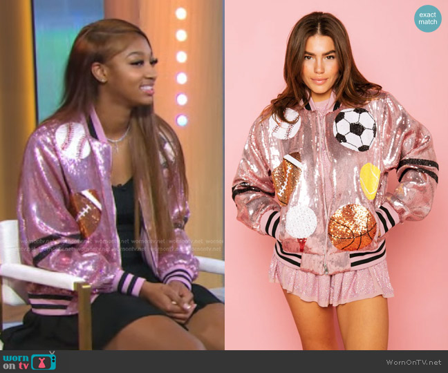 French For I Love Pink Queen of Sports Bomber Jacket worn by Angel Reese on Good Morning America