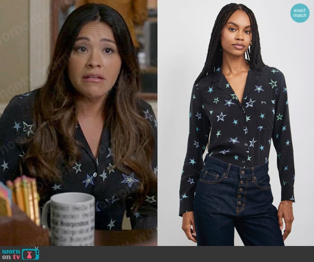 Rails Rebel Shirt in Black Cosmic Stars worn by Sam (Hannah Simone) on Not Dead Yet