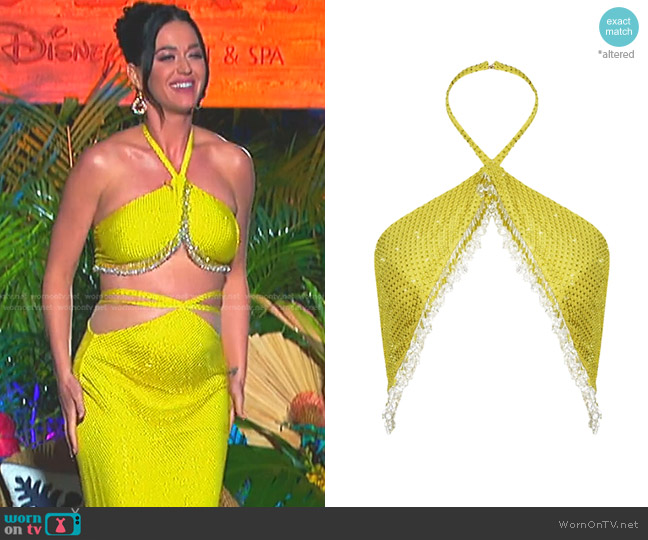 WornOnTV: Katy's yellow embellished halter top and skirt on