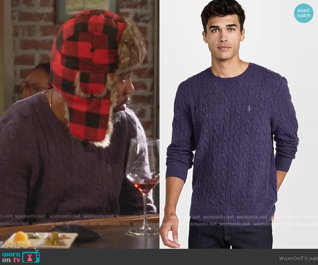 Ralph Lauren Cable Crew Neck Sweater worn by Anthony Holmes (Aaron Jennings) on Grand Crew