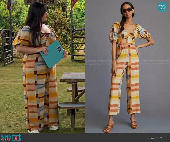 Ranna Gill Tie-Back Jumpsuit in Yellow Motif worn by Lou Hockhauser (Miranda May) on Bunkd