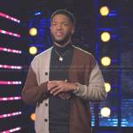 Ray Uriel’s brown colorblock cardigan on The Voice