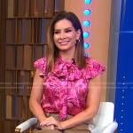 Rebecca’s pink printed top and beige leather skirt on Good Morning America