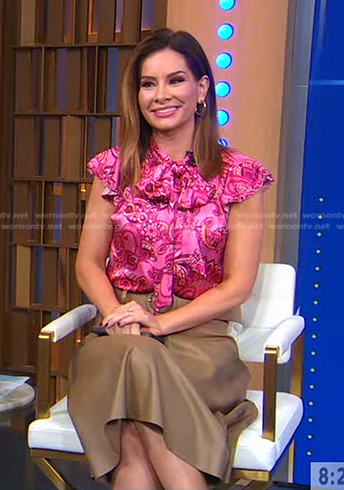 WornOnTV: Rebecca's pink printed top and beige leather skirt on 