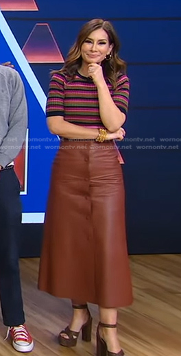 Rebecca's striped top and brown leather skirt on Good Morning America