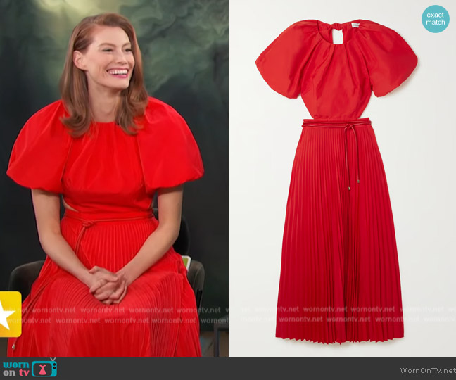 Rebecca Vallance Magdalena open-back satin midi dress worn by Alyssa Sutherland on Access Hollywood