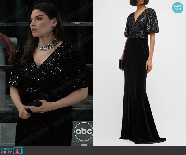 Rickie Freeman for Teri Jon Puff-Sleeve Sequin Velvet Gown worn by Brook Lynn Quartermaine (Amanda Setton) on General Hospital