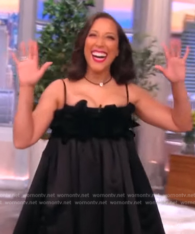 Robin Thede’s black ruffle flare mini dress on The View