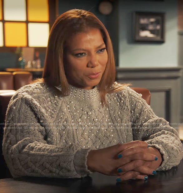Robyn's grey pearl embellished cable knit sweater on The Equalizer