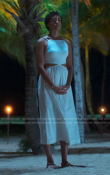 Ruby's white midi dress with side cutouts on Fantasy Island