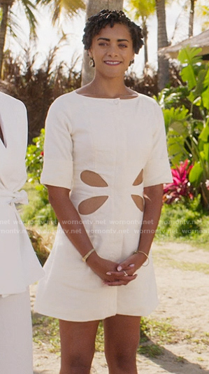Ruby's white short sleeved mini dress with waist cutouts on Fantasy Island