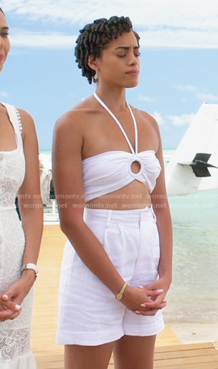 Ruby's white ring cutout halter top on Fantasy Island
