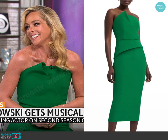 Safiyaa Strapless Structured Bustier Peplum Midi Dress worn by Jane Krakowski on CBS Mornings