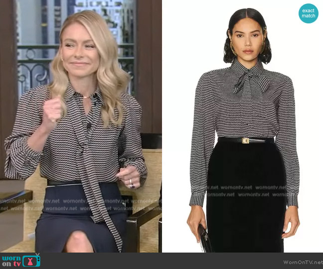 WornOnTV: Kelly’s printed tie neck blouse and skirt on Live with Kelly ...