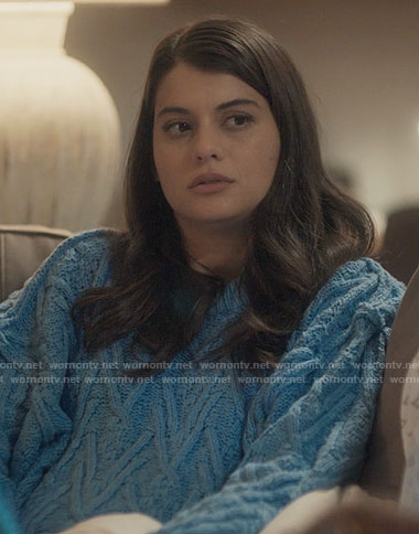 Sam's blue cable knit sweater on Single Drunk Female