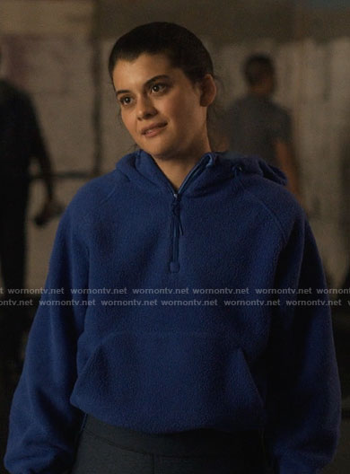 Sam's blue fleece hoodie on Single Drunk Female