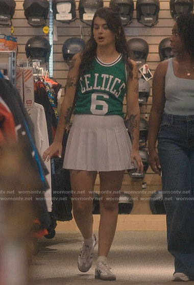 Sam's Celtics tank top and white pleated skirt on Single Drunk Female