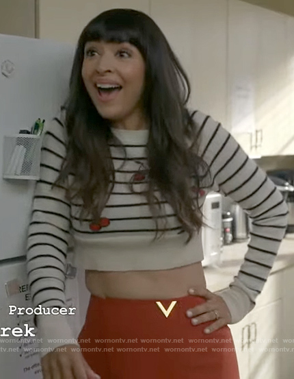 Sam's striped cherry print sweater and red skirt on Not Dead Yet