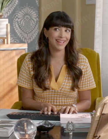 Sam's yellow knit polo top on Not Dead Yet
