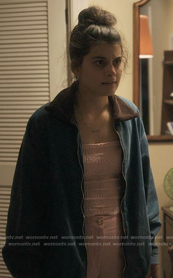 Sam's pink textured top and oversized denim jacket on Single Drunk Female