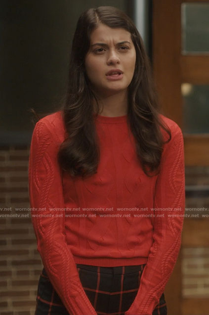 Sam's red cable knit sweater and checked pants on Single Drunk Female