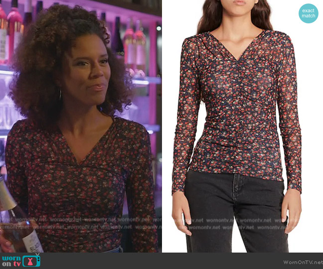WornOnTV: Fay’s black floral print ruched top on Grand Crew | Grasie ...
