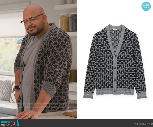 Wyatt’s gray checkerboard print cardigan on Grand Crew