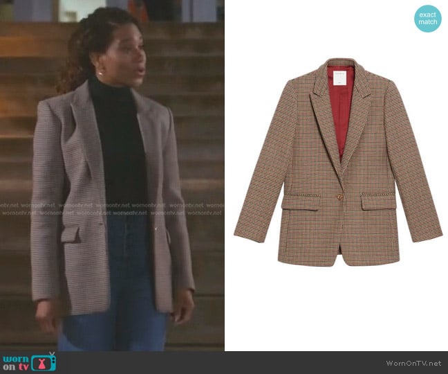 Sandro Queen Check Wool & Cotton Blend Blazer worn by Maggie Pierce (Kelly McCreary) on Greys Anatomy